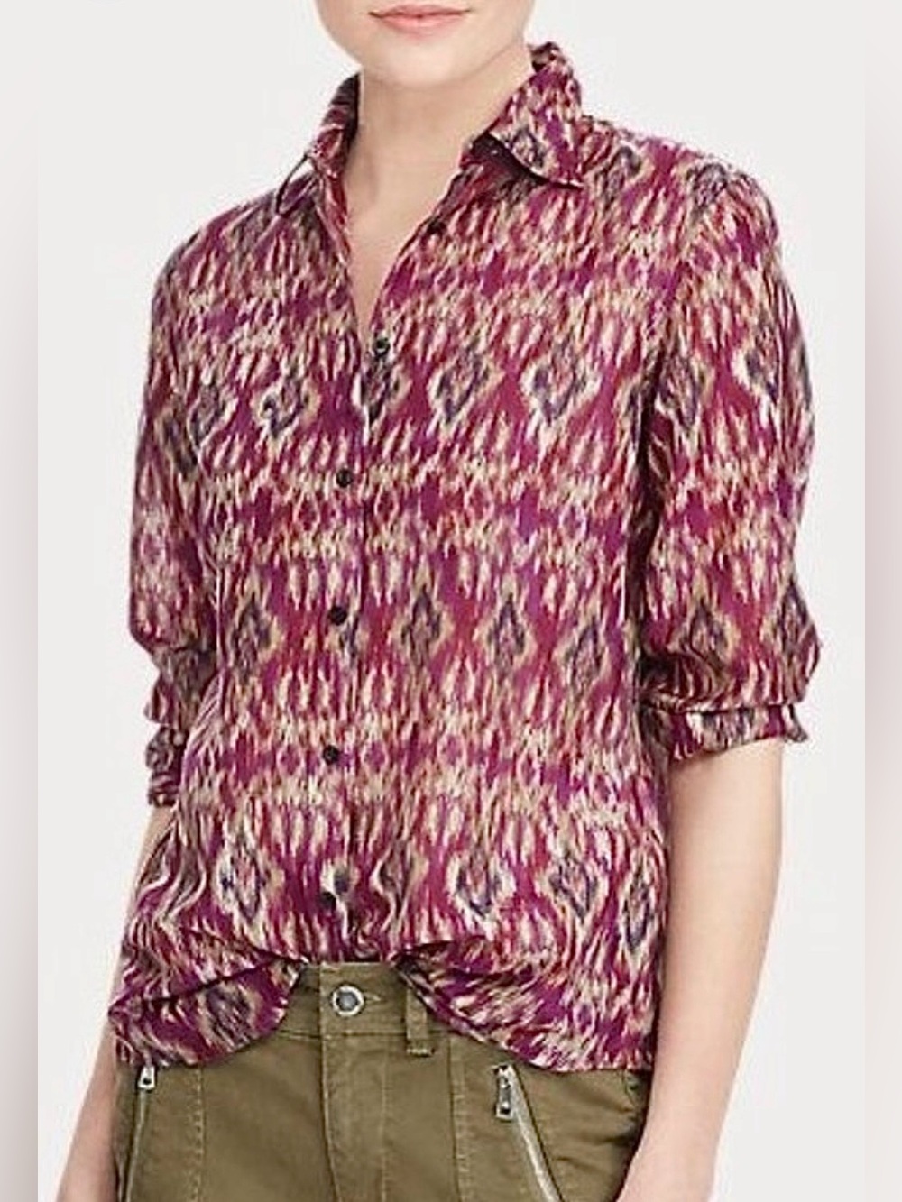 Lauren Ralph Lauren Button-Up Shirt Blouse Silk Blend Ikat Print Voile Size M